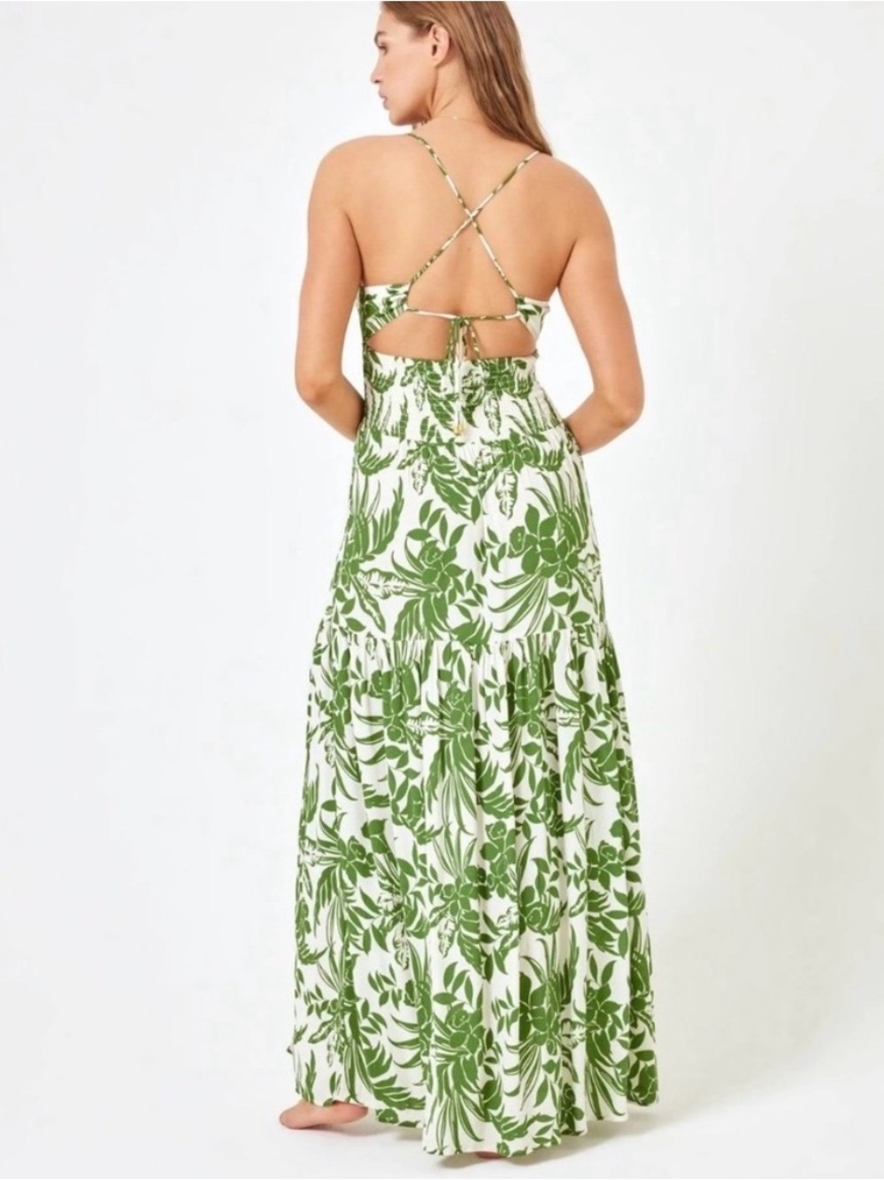 l*space Calla Destination Paradise Maxi Dress with Green Palm Print Side Slit L - Picture 2 of 10